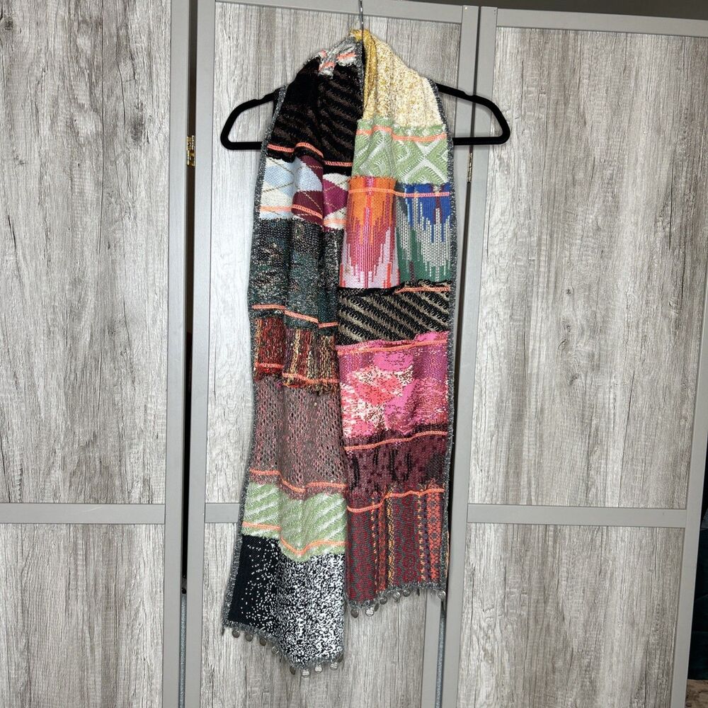 Cecilia Prado Scarf Patchwork Bohemian Art 15 in x 79 in Coins Fringe